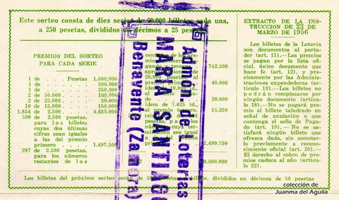 Reverso del décimo de Lotería Nacional de 1964 Sorteo 3