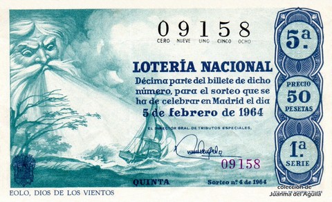 Décimo de Lotería Nacional de 1964 Sorteo 4 - EOLO, DIOS DE LOS VIENTOS