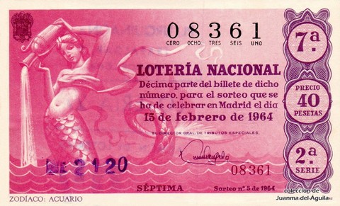 Décimo de Lotería Nacional de 1964 Sorteo 5 - ZODÍACO: ACUARIO