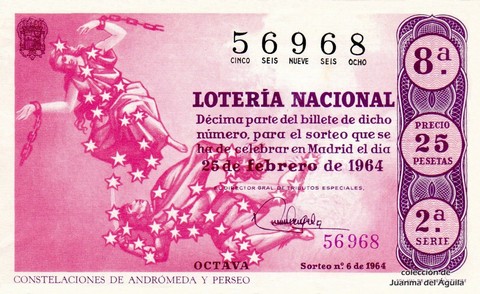 Décimo de Lotería Nacional de 1964 Sorteo 6 - CONSTELACIONES DE ANDRÓMEDA Y PERSEO