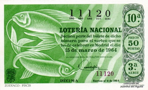 Décimo de Lotería Nacional de 1964 Sorteo 8 - ZODÍACO: PISCIS