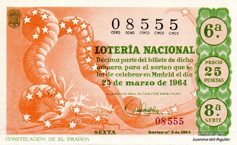 Décimo de Lotería Nacional de 1964 Sorteo 9 - CONSTELACIÓN DE EL DRAGÓN
