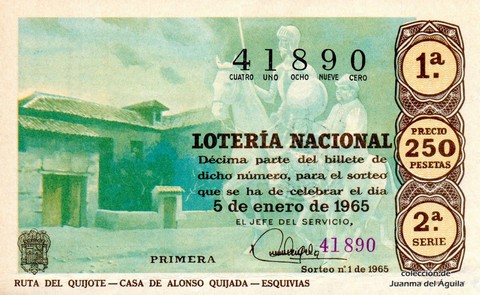 Décimo de Lotería Nacional de 1965 Sorteo 1 - RUTA DEL QUIJOTE - CASA DE ALONSO QUIJADA - ESQUIVIAS