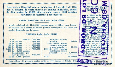 Reverso del décimo de Lotería Nacional de 1965 Sorteo 10