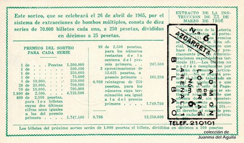 Reverso del décimo de Lotería Nacional de 1965 Sorteo 12