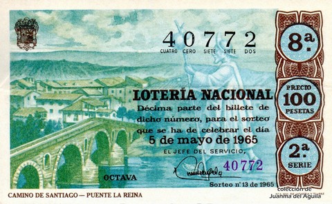 Décimo de Lotería Nacional de 1965 Sorteo 13 - CAMINO DE SANTIAGO - PUENTE LA REINA