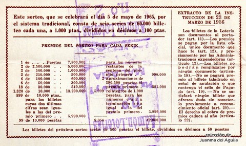 Reverso del décimo de Lotería Nacional de 1965 Sorteo 13