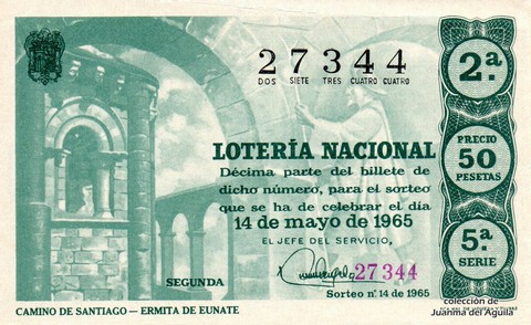 Décimo de Lotería Nacional de 1965 Sorteo 14 - CAMINO DE SANTIAGO - ERMITA DE EUNATE