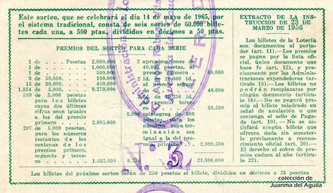 Reverso del décimo de Lotería Nacional de 1965 Sorteo 14