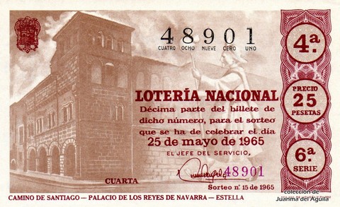 Décimo de Lotería Nacional de 1965 Sorteo 15 - CAMINO DE SANTIAGO - PALACIO DE LOS REYES DE NAVARRA - ESTELLA