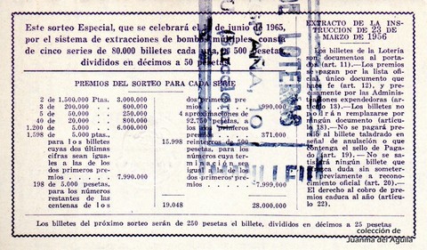 Reverso del décimo de Lotería Nacional de 1965 Sorteo 17