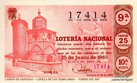 Décimo de Lotería Nacional de 1965 Sorteo 18 - CAMINO DE SANTIAGO - CAPILLA DE LOS TEMPLARIOS - TORRES DEL RIO