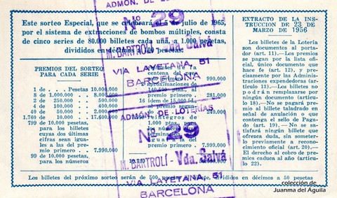 Reverso del décimo de Lotería Nacional de 1965 Sorteo 19