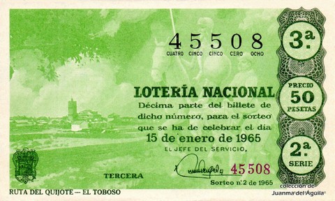Décimo de Lotería Nacional de 1965 Sorteo 2 - RUTA DEL QUIJOTE - EL TOBOSO