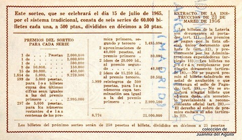 Reverso del décimo de Lotería Nacional de 1965 Sorteo 20