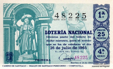 Décimo de Lotería Nacional de 1965 Sorteo 21 - CAMINO DE SANTIAGO - IMAGEN DE SANTIAGO PEREGRINO - COMPOSTELA