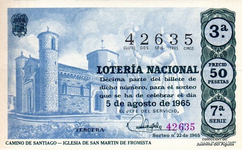 Décimo de Lotería Nacional de 1965 Sorteo 22 - CAMINO DE SANTIAGO - IGLESIA DE SAN MARTIN DE FROMISTA