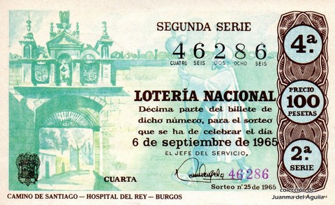Décimo de Lotería Nacional de 1965 Sorteo 25 - CAMINO DE SANTIAGO - HOSPITAL DEL REY - BURGOS