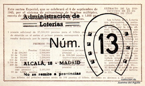 Reverso del décimo de Lotería Nacional de 1965 Sorteo 25
