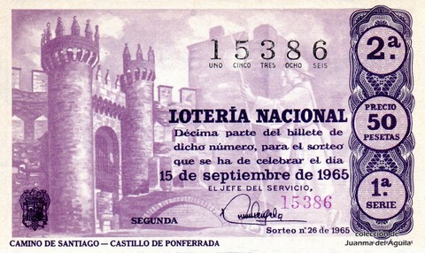 Décimo de Lotería Nacional de 1965 Sorteo 26 - CAMINO DE SANTIAGO - CASTILLO DE PONFERRADA