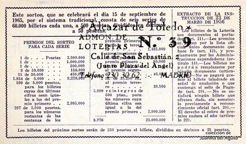 Reverso del décimo de Lotería Nacional de 1965 Sorteo 26