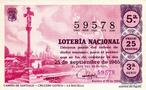 Décimo de Lotería Nacional de 1965 Sorteo 27 - CAMINO DE SANTIAGO - CRUCERO GOTICO - LA BACOLLA