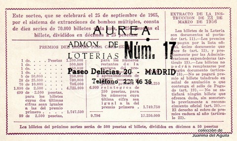 Reverso del décimo de Lotería Nacional de 1965 Sorteo 27