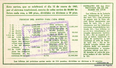 Reverso décimo de Lotería 1965 / 2