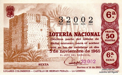 Décimo de Lotería Nacional de 1965 Sorteo 31 - LUGARES COLOMBINOS - CASTILLO DE HERNAN PERAZA - LA GOMERA