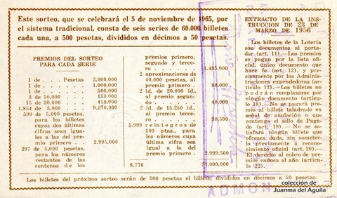 Reverso del décimo de Lotería Nacional de 1965 Sorteo 31