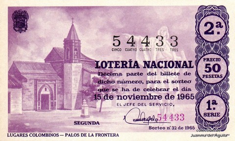 Décimo de Lotería Nacional de 1965 Sorteo 32 - LUGARES COLOMBINOS - PALOS DE LA FRONTERA