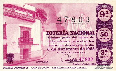 Décimo de Lotería Nacional de 1965 Sorteo 34 - LUGARES COLOMBINOS - CASA DE COLON - LAS PALMAS DE GRAN CANARIA