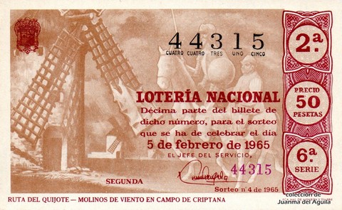Décimo de Lotería Nacional de 1965 Sorteo 4 - RUTA DEL QUIJOTE - MOLINOS DE VIENTO EN CAMPO DE CRIPTANA