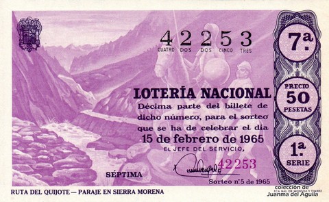 Décimo de Lotería Nacional de 1965 Sorteo 5 - RUTA DEL QUIJOTE - PARAJE EN SIERRA MORENA