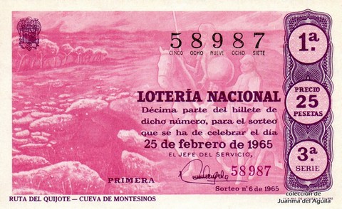 Décimo de Lotería Nacional de 1965 Sorteo 6 - RUTA DEL QUIJOTE - CUEVA DE MONTESINOS