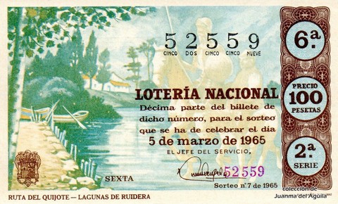 Décimo de Lotería Nacional de 1965 Sorteo 7 - RUTA DEL QUIJOTE - LAGUNAS DE RUIDERA