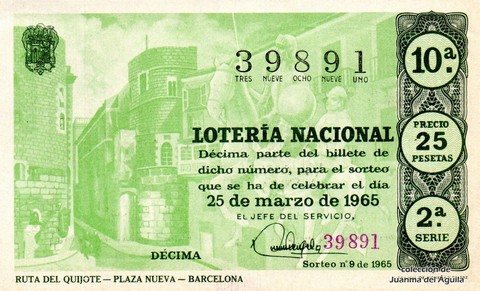 Décimo de Lotería Nacional de 1965 Sorteo 9 - RUTA DEL QUIJOTE - PLAZA NUEVA - BARCELONA
