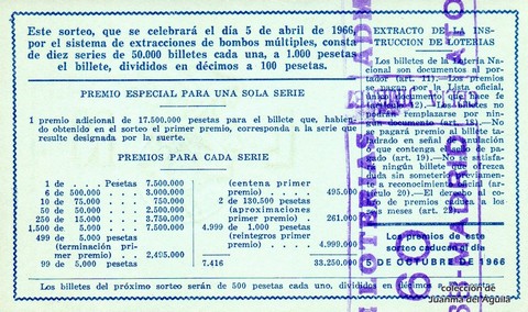Reverso del décimo de Lotería Nacional de 1966 Sorteo 10