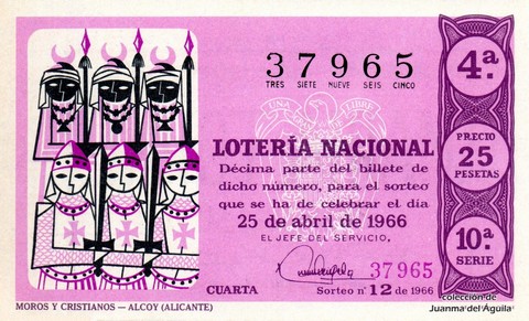 Décimo de Lotería Nacional de 1966 Sorteo 12 - MOROS Y CRISTIANOS - ALCOY (ALICANTE)
