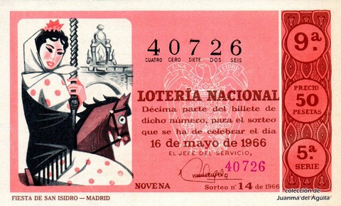 Décimo de Lotería Nacional de 1966 Sorteo 14 - FIESTA DE SAN ISIDRO - MADRID