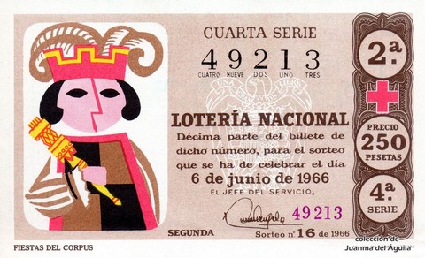 Décimo de Lotería Nacional de 1966 Sorteo 16 - FIESTAS DEL CORPUS