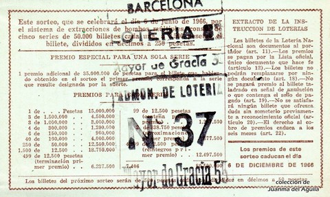 Reverso del décimo de Lotería Nacional de 1966 Sorteo 16