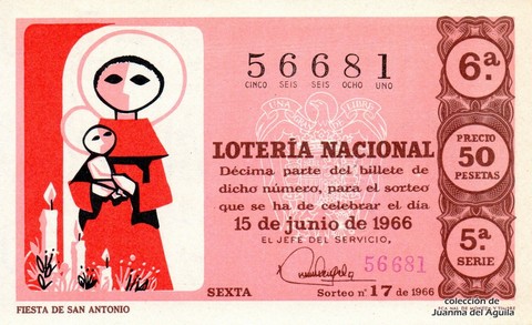 Décimo de Lotería Nacional de 1966 Sorteo 17 - FIESTA DE SAN ANTONIO
