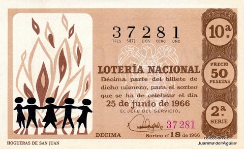 Décimo de Lotería Nacional de 1966 Sorteo 18 - HOGUERAS DE SAN JUAN