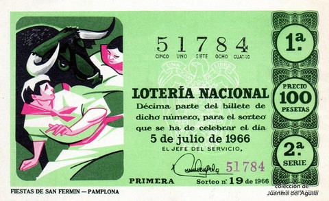 Décimo de Lotería Nacional de 1966 Sorteo 19 - FIESTAS DE SAN FERMIN - PAMPLONA