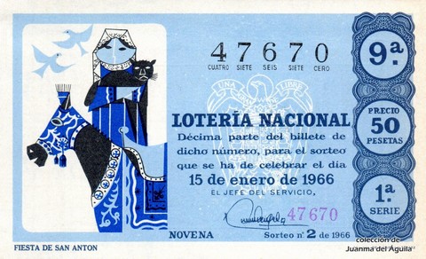 Décimo de Lotería Nacional de 1966 Sorteo 2 - FIESTA DE SAN ANTON