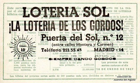 Reverso del décimo de Lotería Nacional de 1966 Sorteo 20