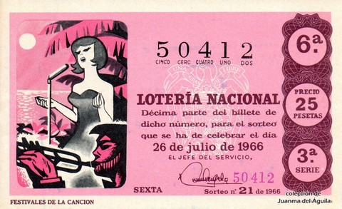 Décimo de Lotería Nacional de 1966 Sorteo 21 - FESTIVALES DE LA CANCION