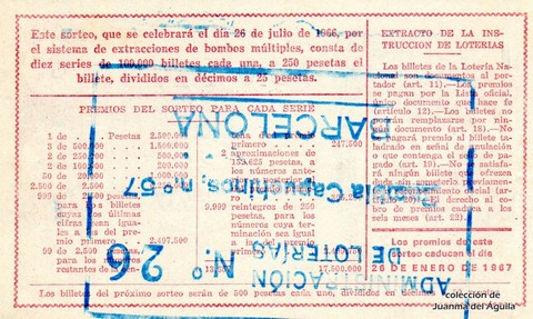 Reverso del décimo de Lotería Nacional de 1966 Sorteo 21