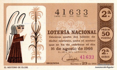 Décimo de Lotería Nacional de 1966 Sorteo 23 - EL MISTERIO DE ELCHE